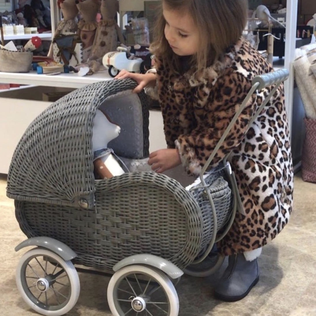 Doll Wicker Pram Small Grey
