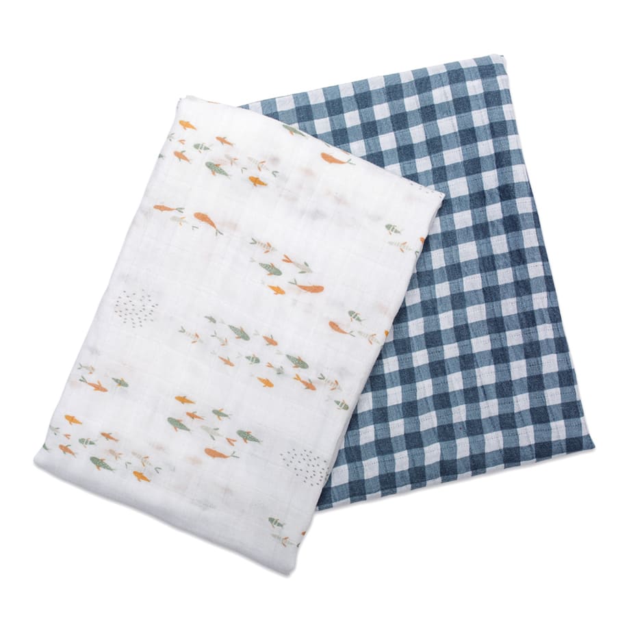 Cotton Swaddles - Fish / Navy Gingham
