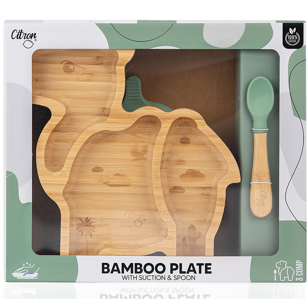 Citron - Bamboo Plate with Suction & Spoon - Camel