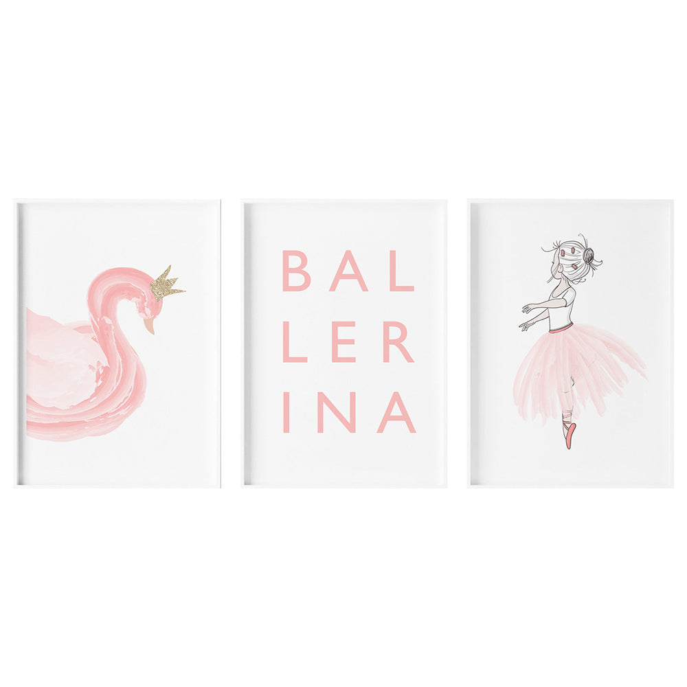 Sweet Pea - Set of 3 Wall Art Prints - Pink Ballerina Swan